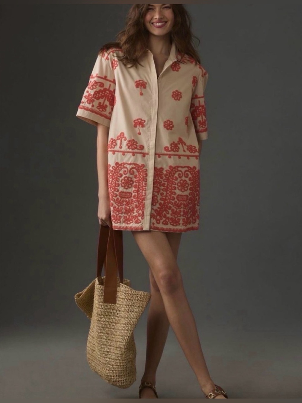Anthropologie Maeve heavily embroidered shirtdress pockets lined - Picture 2 of 13